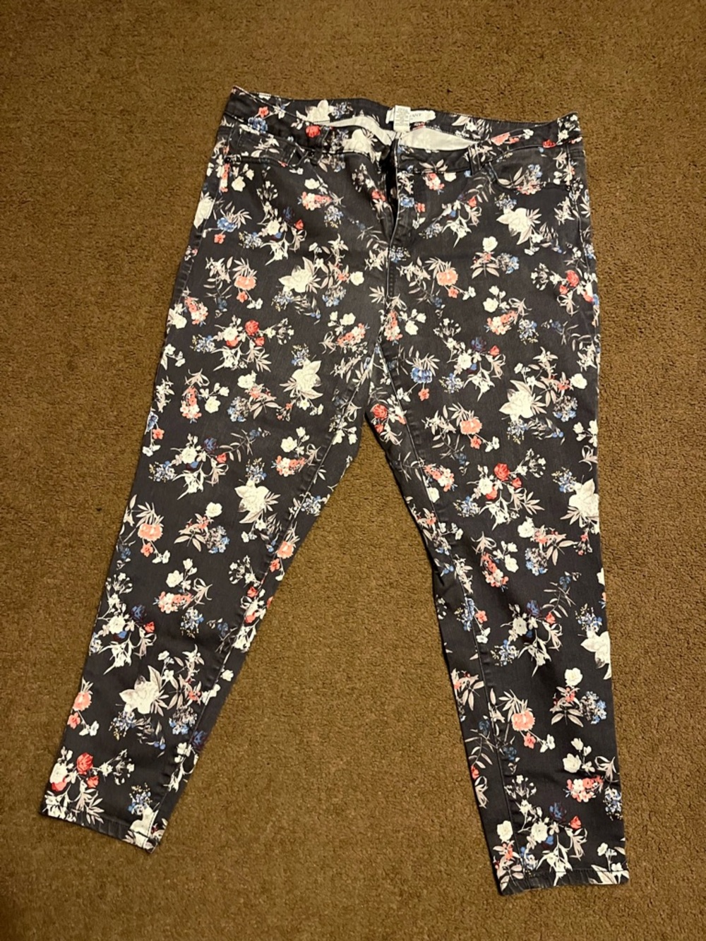 Lane Bryant Black Floral Skinny Pants with White, Red & Blue Flowers